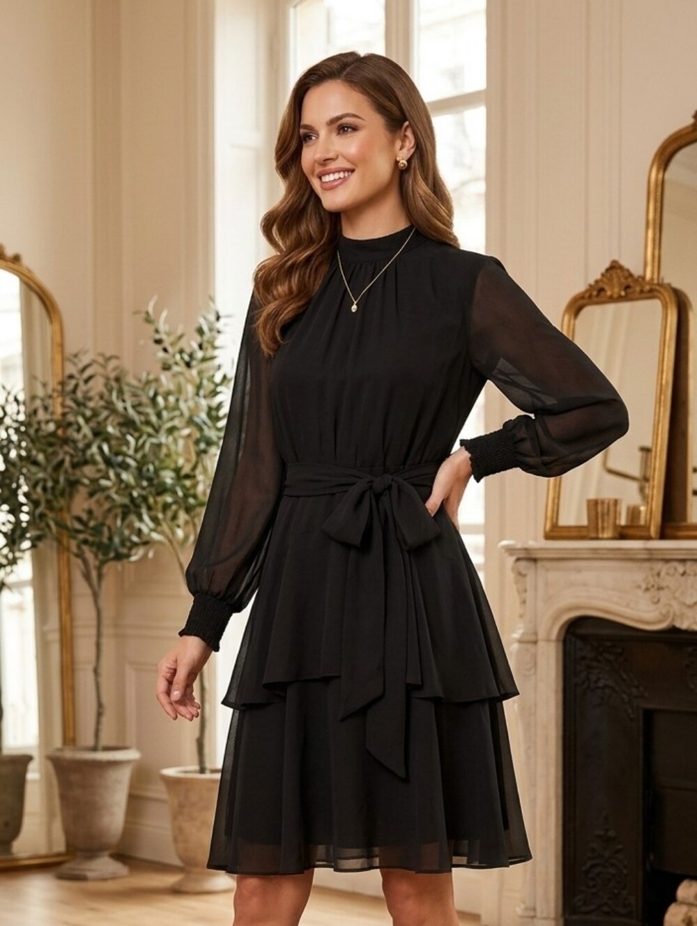 Womens Black Chiffon Tiered Mock Neck Split Sleeve Dress Rosalia By Alex Marie - Picture 1 of 15